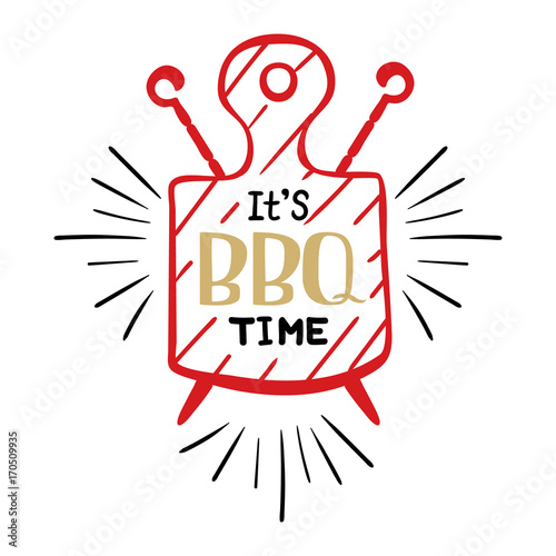 It is bbq time. Hipster logo and emblem of a restaurant barbecue on the background of a cutting board and skewers. Vector templates isolated on white background. Steak house restaurant menu element.