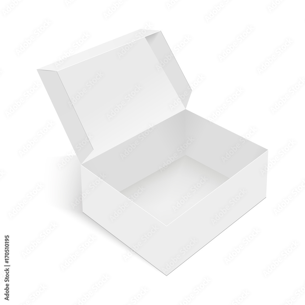 White square cardboard box vector template. Paper container for product. Vector illustration.