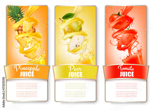 Set of three labels of of fruit in juice splash. Pineapple, pear, tomato. Vector.