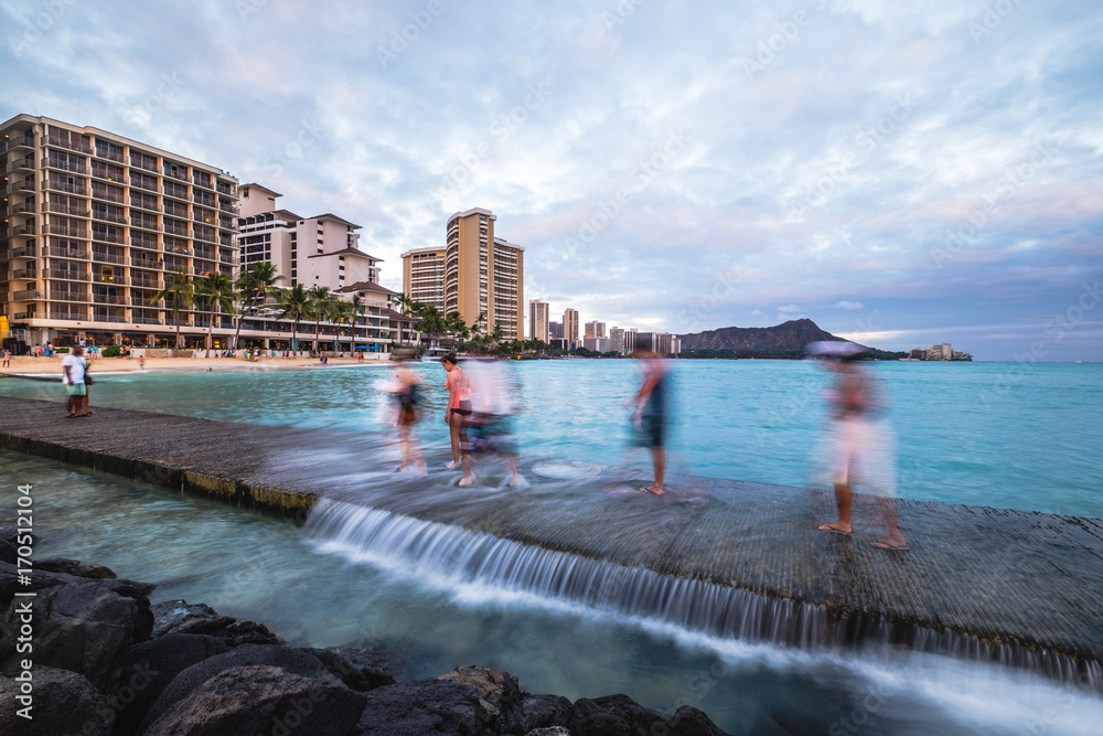 Honolulu, Hawaii: People walking on the boardwalk