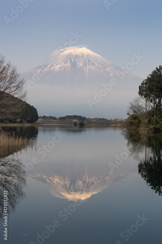 Mountain Fuji and Tanuki lake in evening spring season © torsakarin