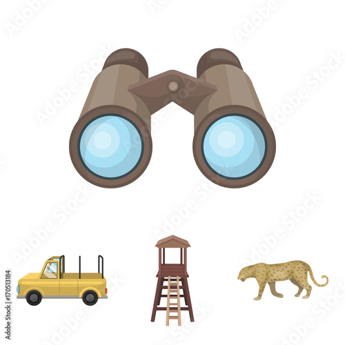 Observation tower for the hunter, leopard, hunting machine, binoculars. African safari set collection icons in cartoon style vector symbol stock illustration web.