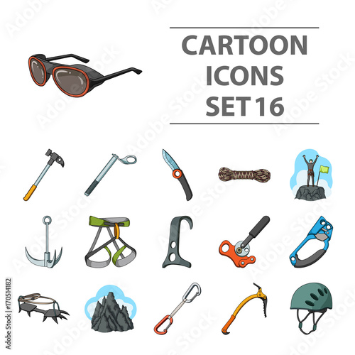 Ice ax, conquered top, mountains in the clouds and other equipment for mountaineering.Mountaineering set collection icons in cartoon style vector symbol stock illustration web.