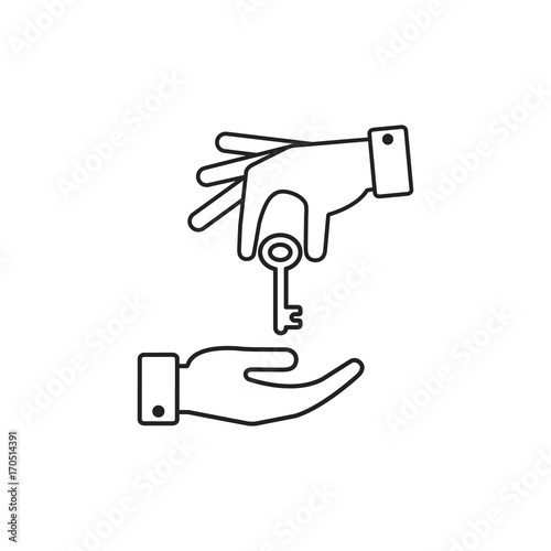 Hand giving a key to other hand. Vector outline illustration