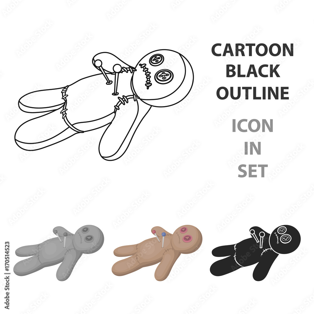 Voodoo doll icon in cartoon style isolated on white background. Black ...