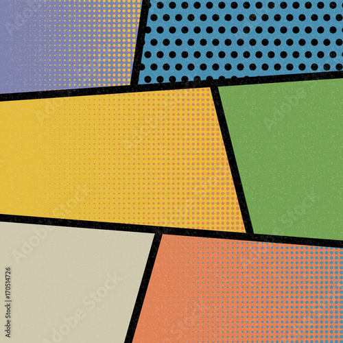 Pop art comics book magazine cover template. Cartoon funny vintage strip mock up. Vector halftone illustration. Blank rectangle for comic superhero text, speech bubble, message. Humor graphic.