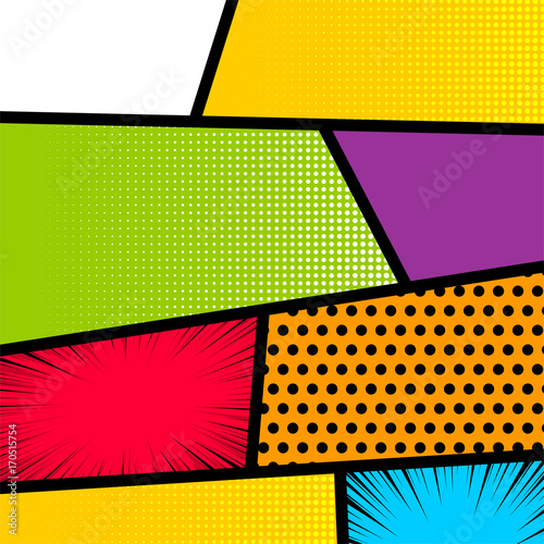 Pop art comics book magazine cover template. Cartoon funny vintage strip mock up. Vector halftone illustration. Blank rectangle for comic superhero text, speech bubble, message. Humor graphic.