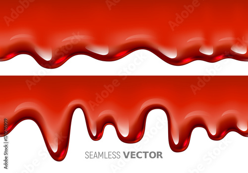 Vector seamless dripping red liquid is similar to blood or syrup on white background