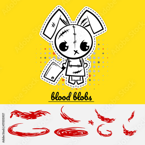 Halloween evil cartoon funny bunny rabbit monster knife set blood. Pop art wow comic book text party. Angry monochrome thread needle sewing voodoo doll. Vector illustration sticker paper.