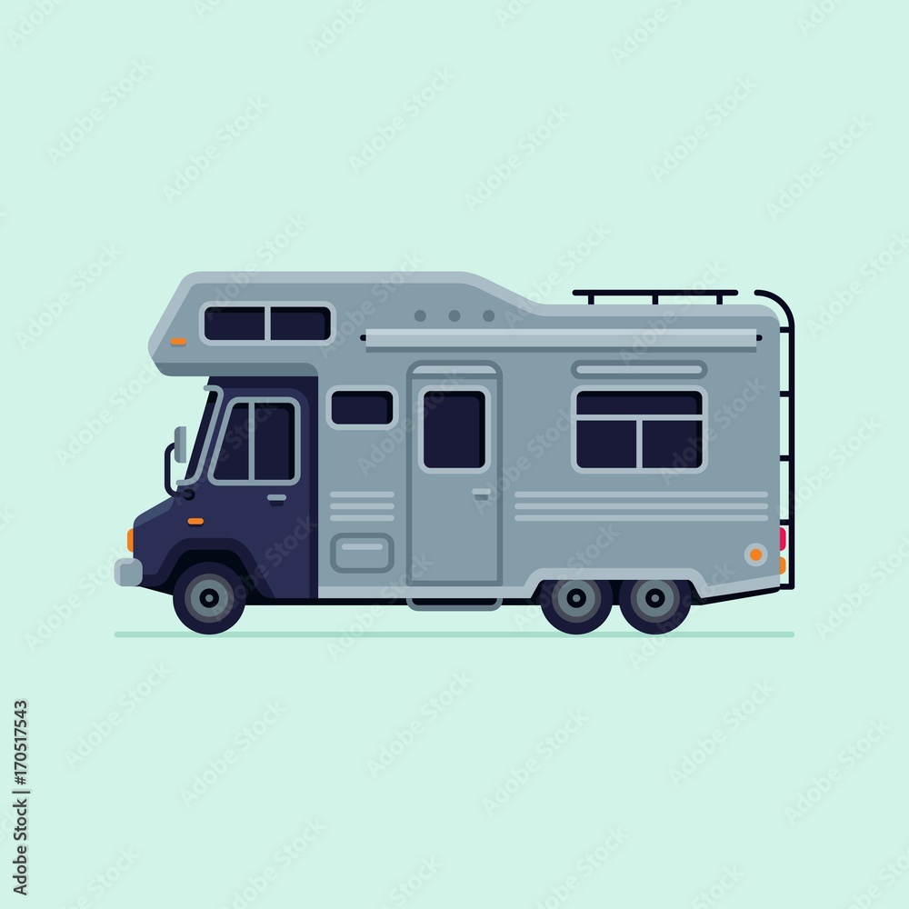 Naklejka premium Detail RV camper trailer truck in flat style vector illustration