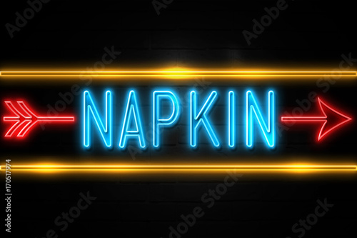 Napkin - fluorescent Neon Sign on brickwall Front view