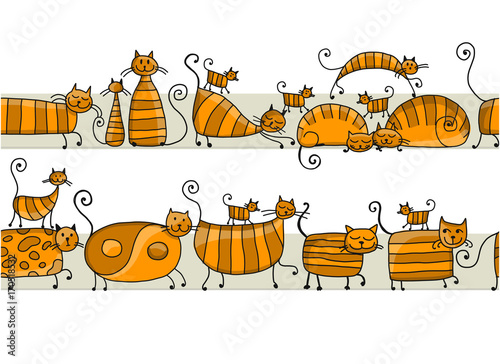 Cute striped cats family, seamless pattern for your design