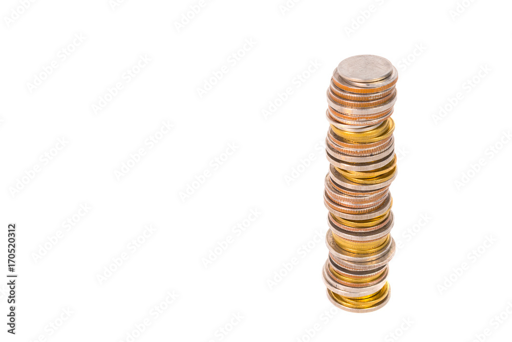 Columns of coins, piles of coins on white background Columns of coins, piles of coins on white background