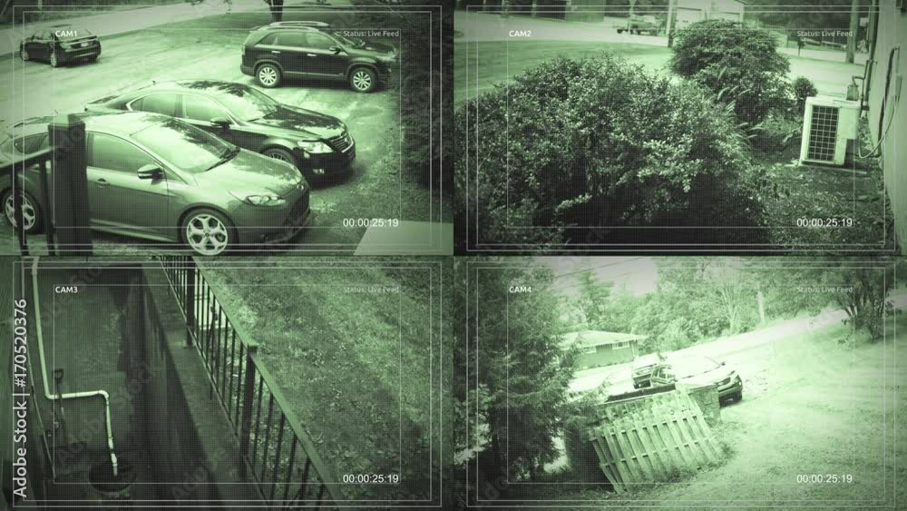 Four split screen security camera feeds from modern cameras of a business