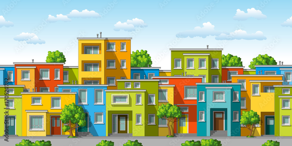 Illustration of colorful modern family house with trees, seamless