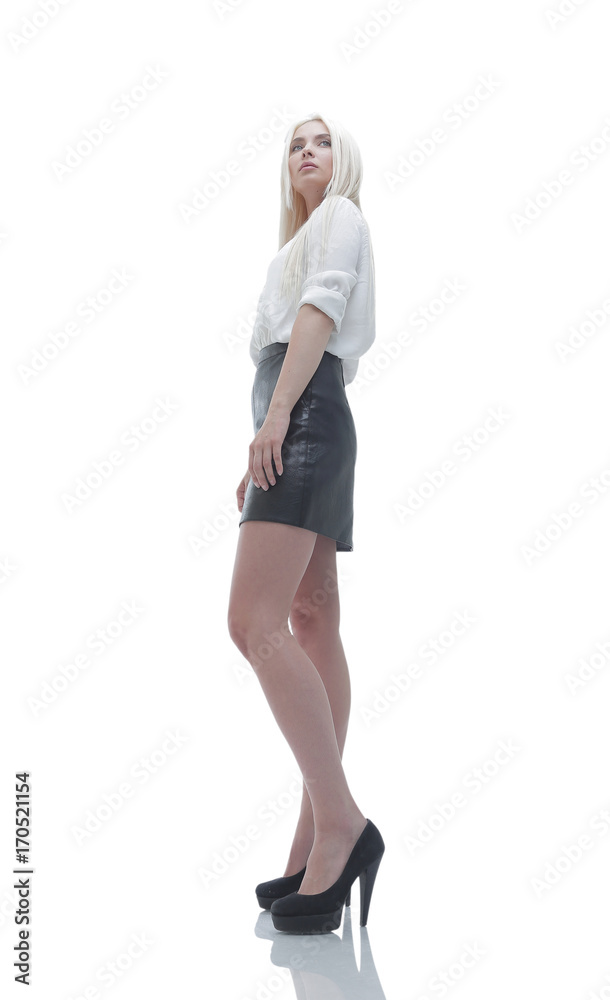 view from below. Young business woman looking confidently forwar view from below. Young business woman looking confidently forwar