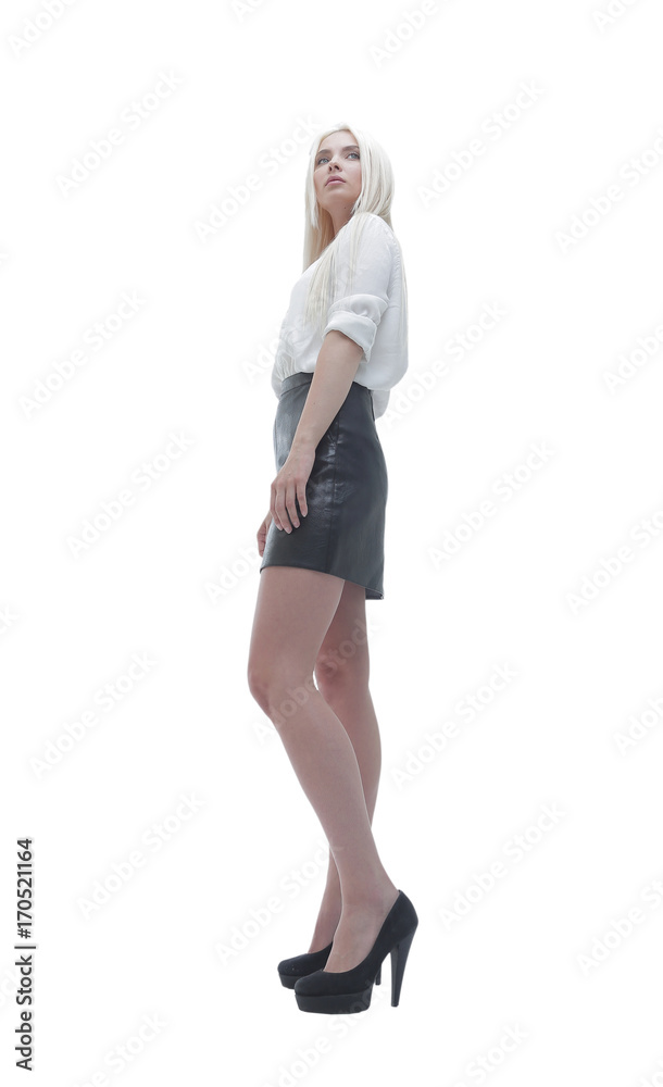 view from below. Young business woman looking confidently forwar view from below. Young business woman looking confidently forwar