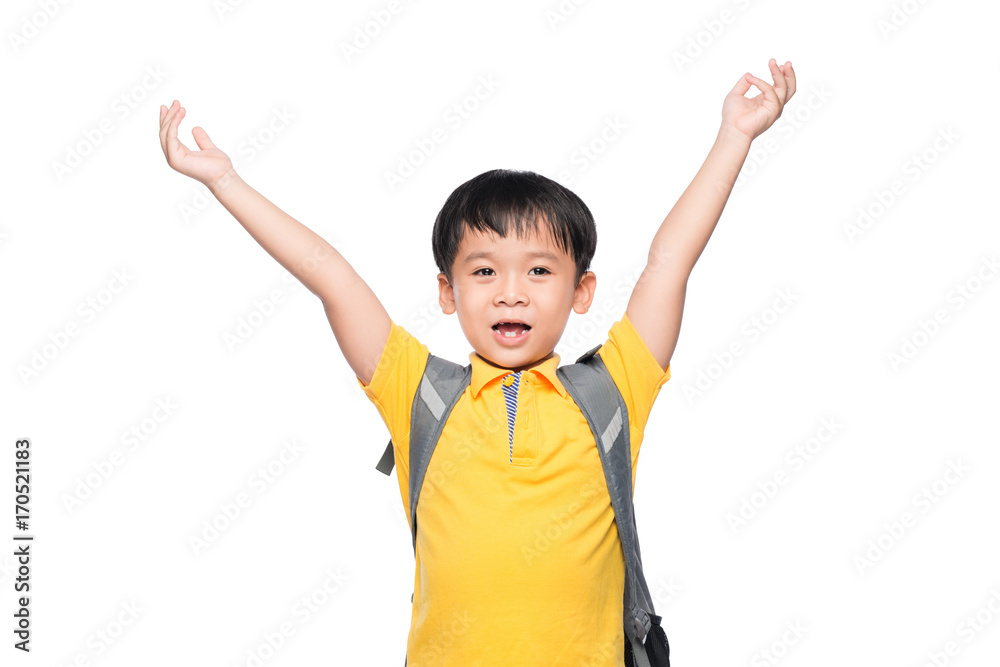 Young asian boy smile gesture hands ready to school Young asian boy smile gesture hands ready to school