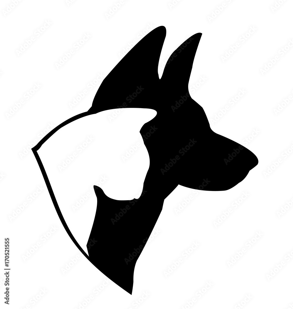 Black silhouette of dog and white cat isolated on white vector icon
