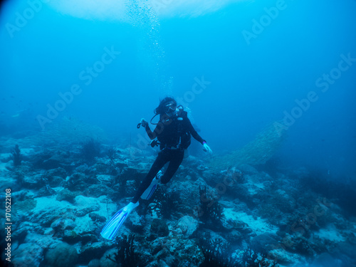 Woman scuba diver under blue water with school of snapper fish