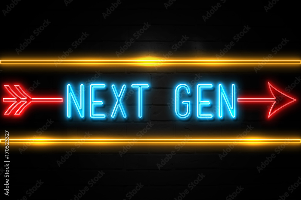 Next Gen  - fluorescent Neon Sign on brickwall Front view