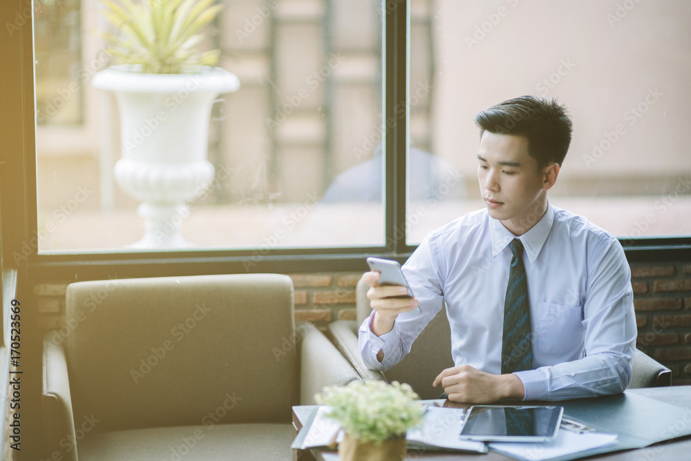 Fototapeta premium Administrator business man financial inspector and secretary making report, Internal Revenue Service checking document. Hand man doing finances and calculate on desk about cost at home office. Balance