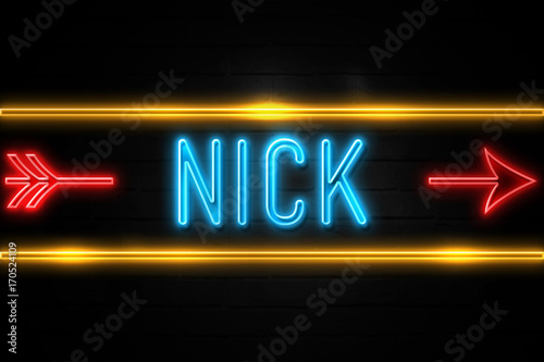 Nick  - fluorescent Neon Sign on brickwall Front view photo