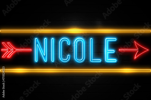 Nicole  - fluorescent Neon Sign on brickwall Front view