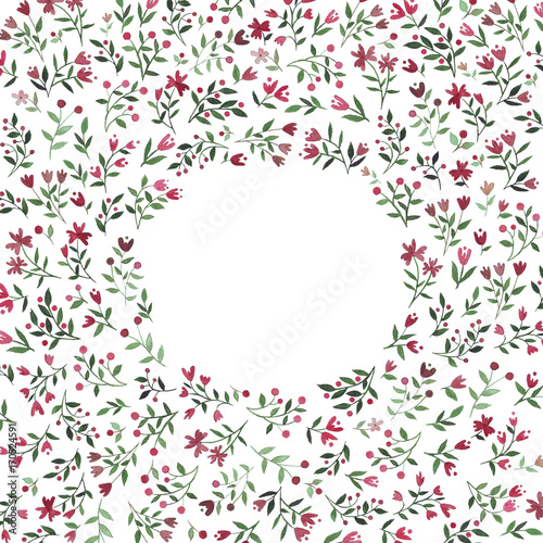 Frame with contour red and green flowers on white background. Template for your design, romantic greeting cards, festive announcements, posters.