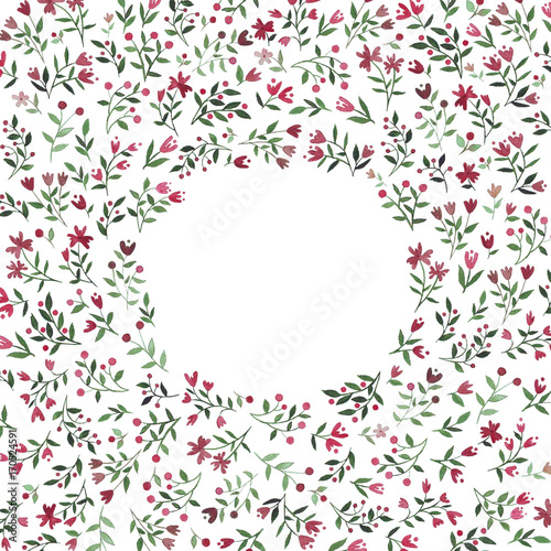 Fototapeta Naklejka Na Ścianę i Meble -  Frame with contour red and green flowers on white background. Template for your design, romantic greeting cards, festive announcements, posters.