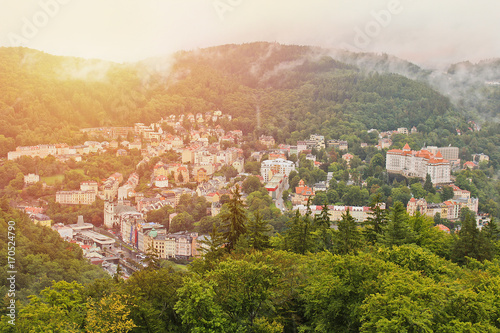 Canvas Print Karlovy Vary from observation Diana in sunset