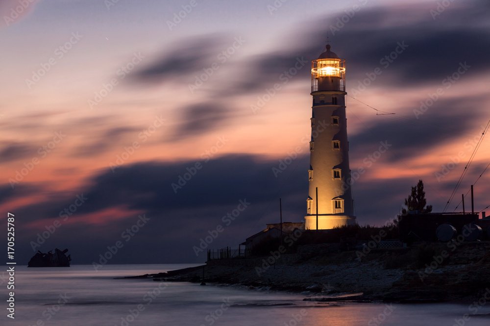 Night shifts (Lighthouse at Cape Tarkhnkut, Crimea after dark)