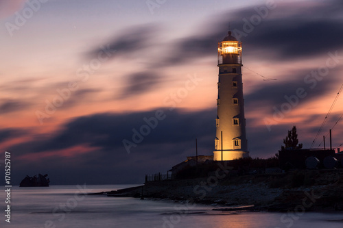 Night shifts (Lighthouse at Cape Tarkhnkut, Crimea after dark)