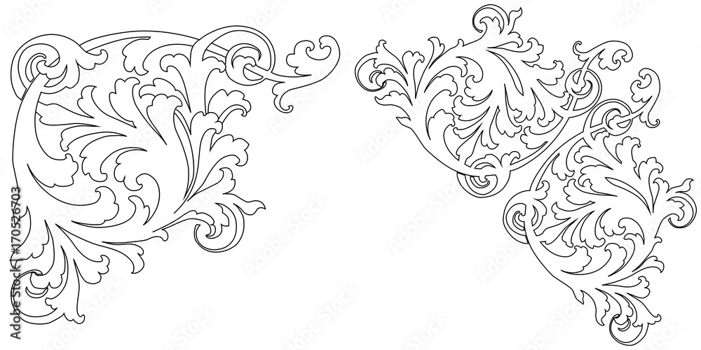 Set of vintage baroque ornament, corner. Retro pattern antique style acanthus. Decorative design element filigree calligraphy vector. - stock vector
