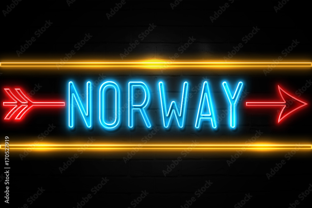 Norway - fluorescent Neon Sign on brickwall Front view Norway - fluorescent Neon Sign on brickwall Front view