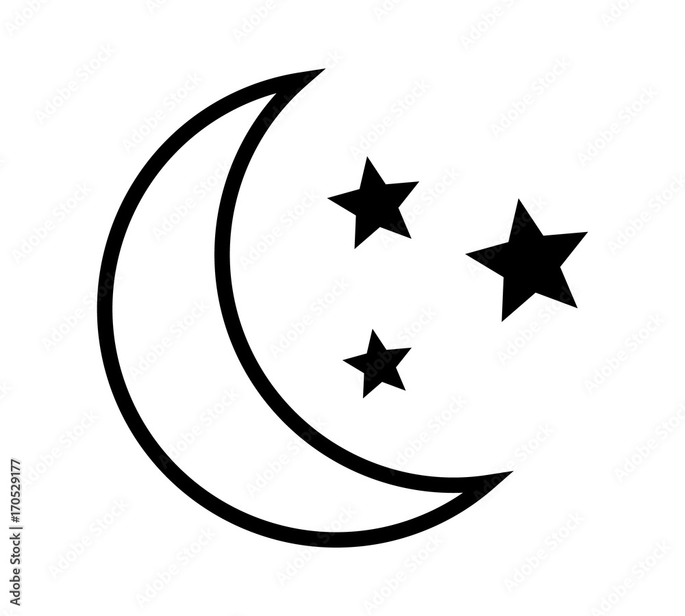 Crescent moon with stars at night, evening or nighttime line art vector icon for apps and websites Crescent moon with stars at night, evening or nighttime line art vector icon for apps and websites