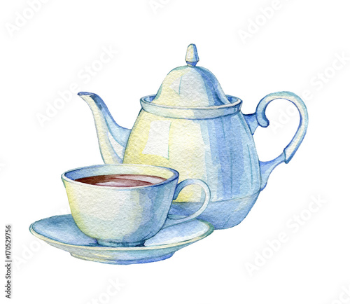 Hand drawn watercolor illustration of vintage porcelain teacup and teapot on a white background