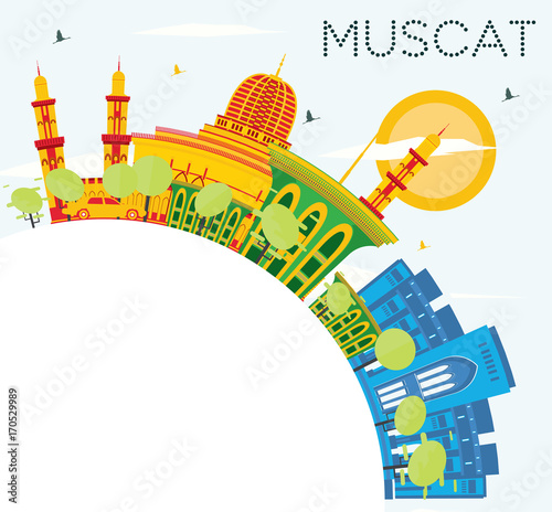 Muscat Skyline with Color Buildings, Blue Sky and Copy Space.