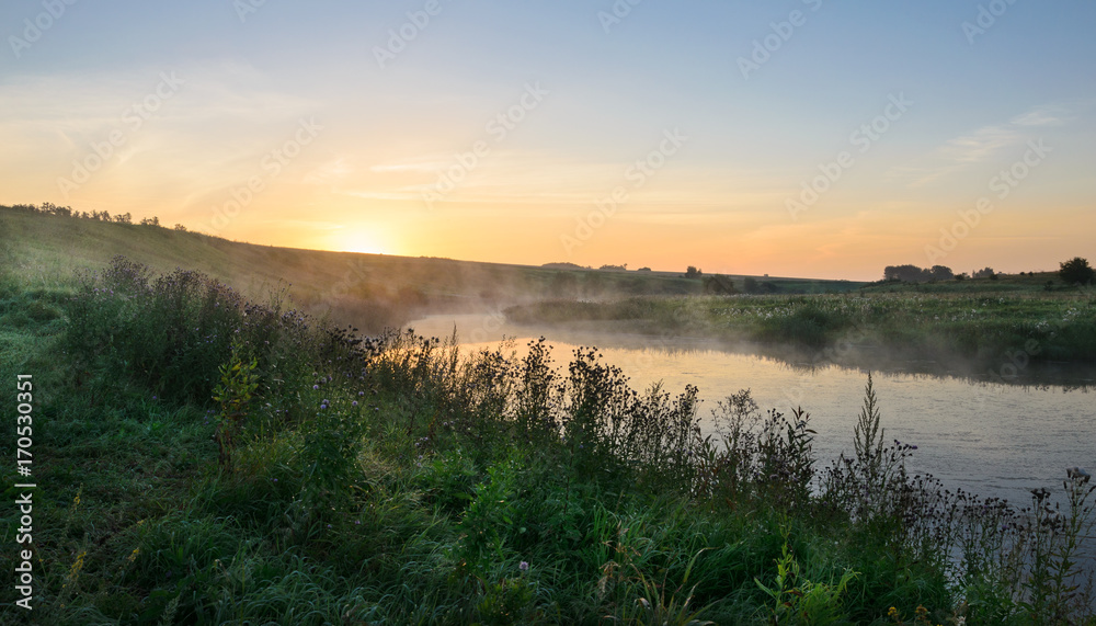 Summer foggy morning.Sunrise.River Upa in Tula region,Russia.