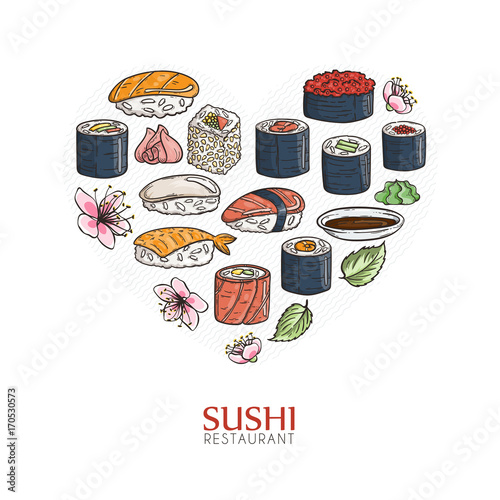 Heart background with sushi and rolls. Japanese traditional cuisine illustration.