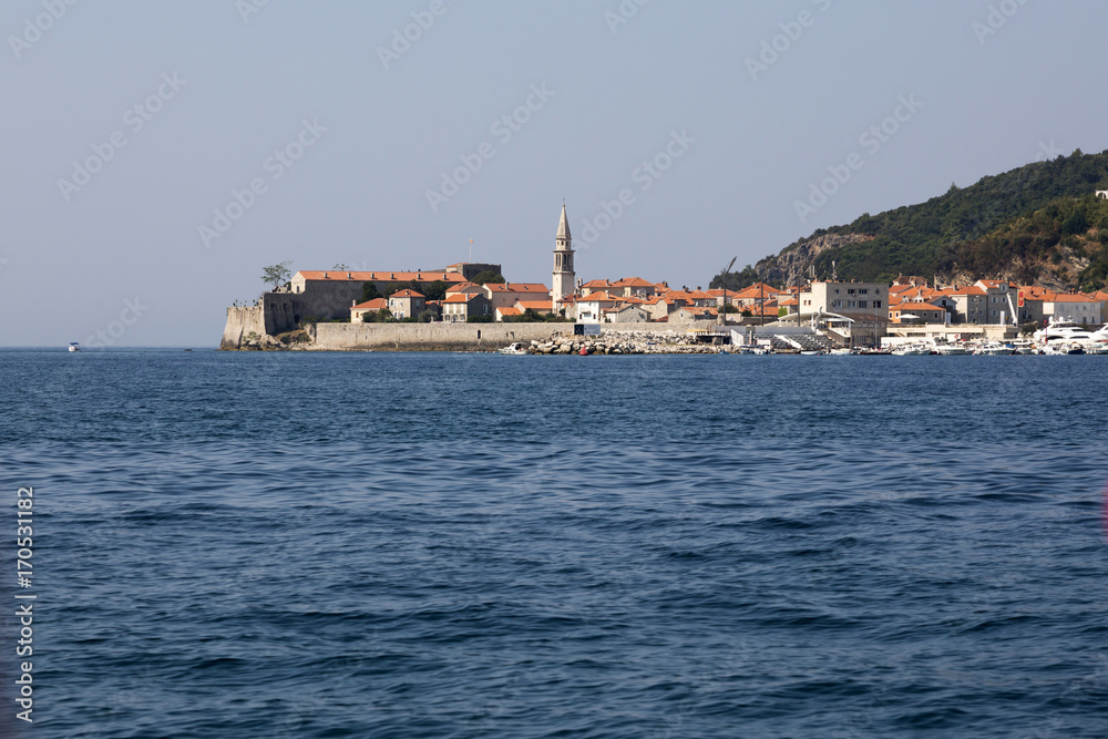 View from the sea to the old town of Budva, Montenegro