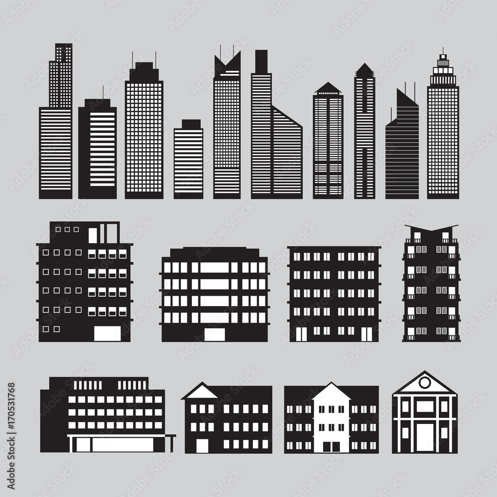 Buildings and Skyscrapers Object Silhouette Set, Cityscape, Residential, Condominium, Apartment, Office