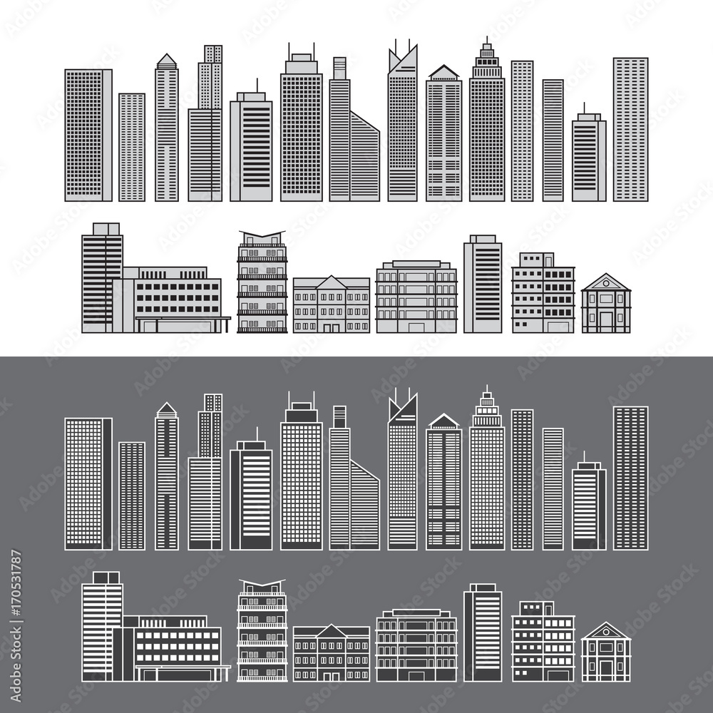 Buildings and Skyscrapers Object Line Set, Cityscape, Residential, Condominium, Apartment, Office