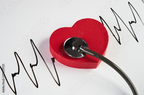 Photography Medical stethoscope and red heart with cardiogram