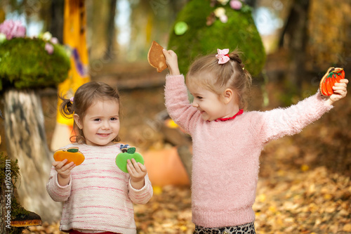 Smiling girls in the autumn park