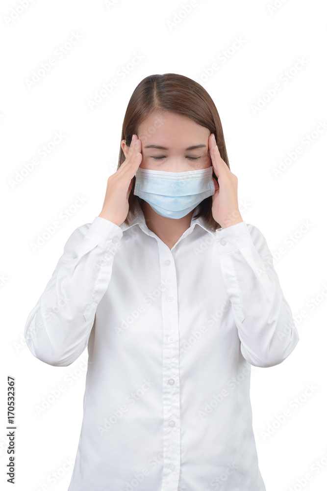 Asian woman feeling headache with protective masks Asian woman feeling headache with protective masks
