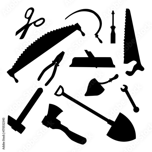 Building and carpentry tools silhouette set isolated on white background. Monochrome vector illustration
