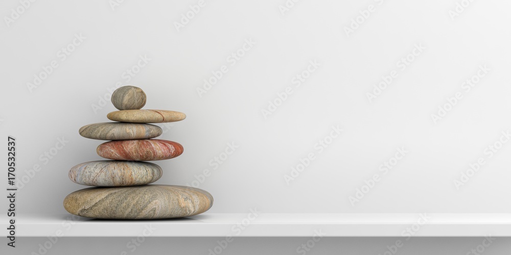 Naklejka Zen kamienie na białej półce. 3d ilustracja