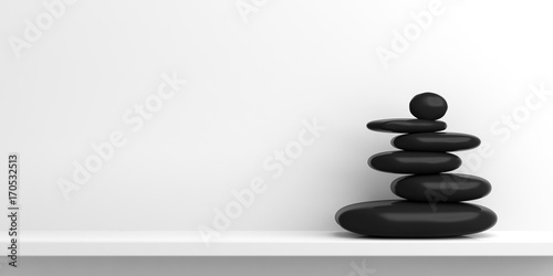 Zen stones on a white shelf. 3d illustration