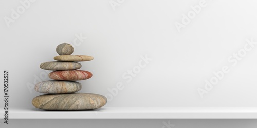 Zen stones on a white shelf. 3d illustration photo